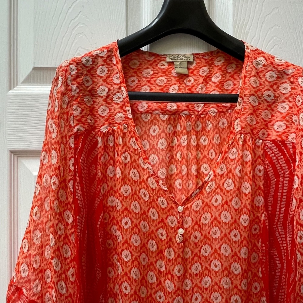Lucky Brand Women's 1X‎ Red Tile Print 3/4 Sleeve V-Neck Tunic Bohemian Rayon